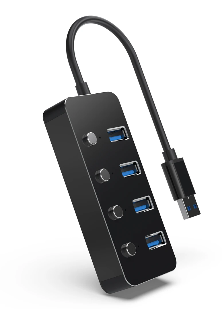 Juodas 4 prievadų USB šakotuvas su mygtukais