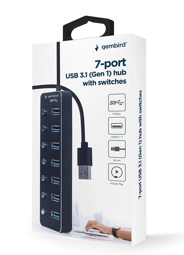 GEMBIRD 7 prievadų USB 3.1 Gen 1 HUB su jungikliais juodas