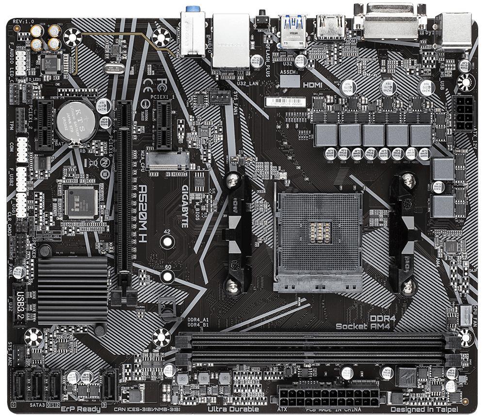 Pagrindinė plokštė Gigabyte | A520M H 1.0 | Processor family AMD | Processor socket AM4 | DDR4 DIMM | Atminties lizdai 2 | Chipset AMD A | Micro ATX
