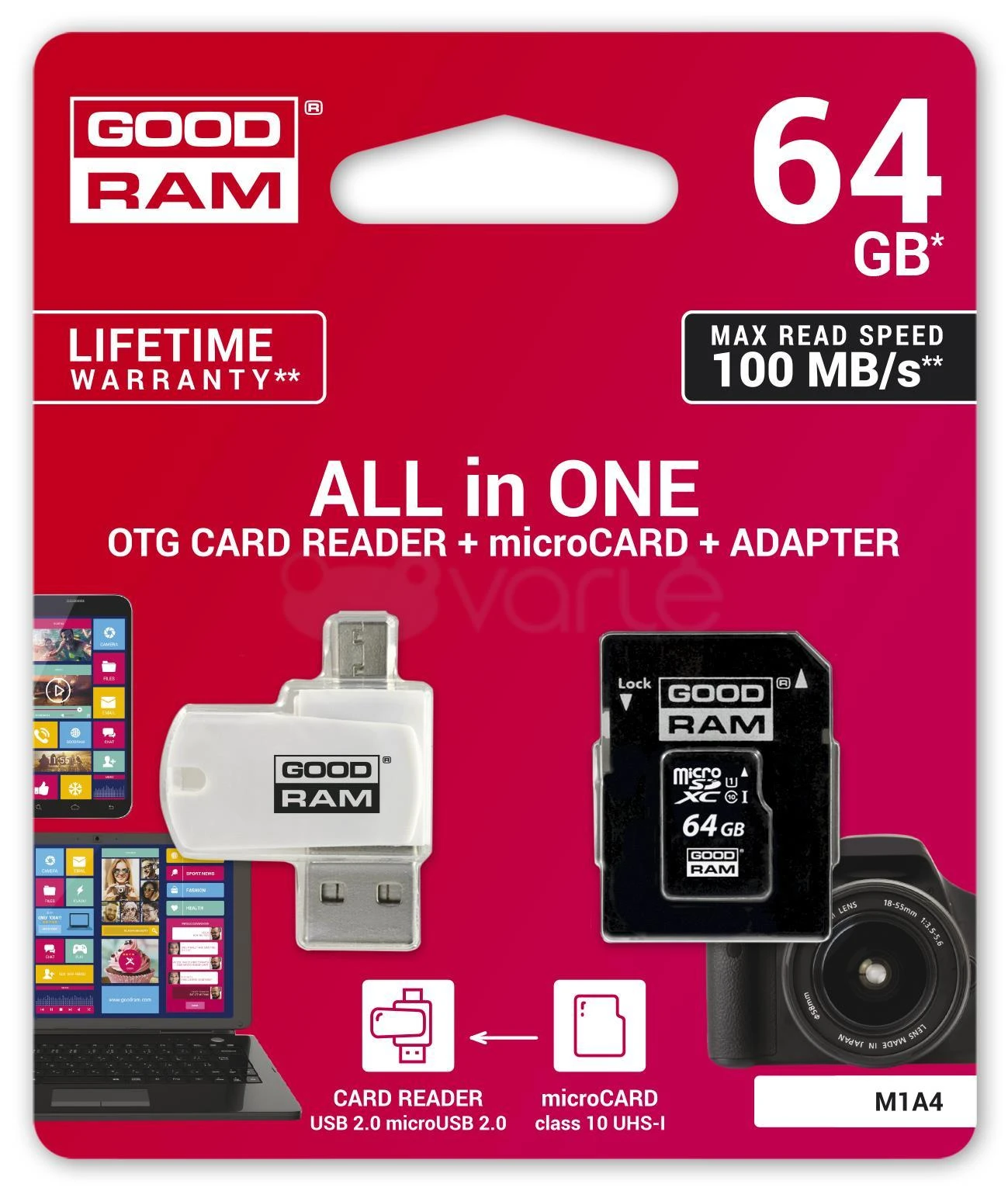 Oem 64GB 100 MB/s Micro SD atminties kortelė Goodram M1A4 - OTG adapteris