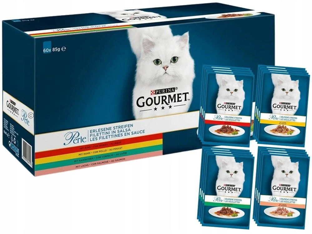 Nestle Purina Gourmet Perle Šlapias Maistas Katėms (60x85g) Jautiena, Vištiena, Triušiena, Lašiša