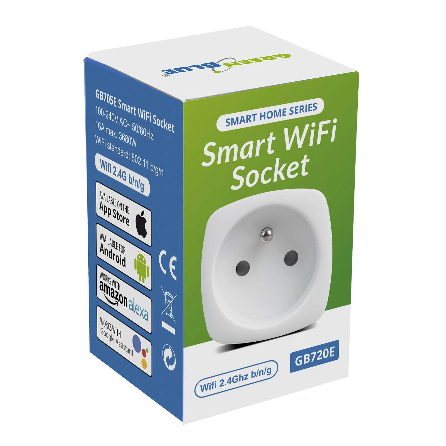 Zdalnie „GreenBlue“ nuotolinio valdymo WiFi lizdas, „Android“ / „iOS“ / „Alexa“ / „Google Home“, energijos suvartojimas, laikmatis, maks. 3680 W, E tipas, GB720 E