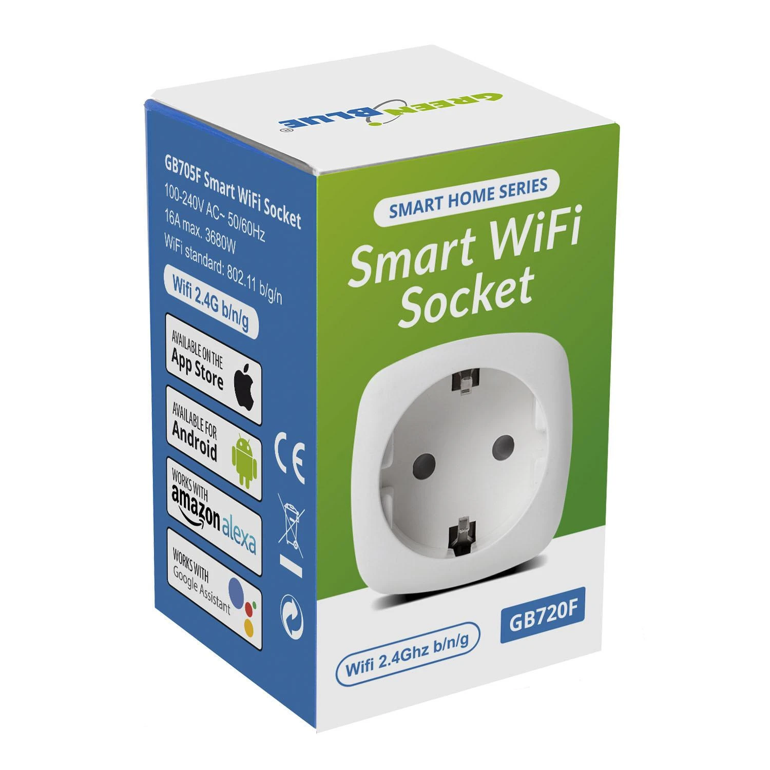 GreenBlue WiFi nuotolinio valdymo lizdas, Android/iOS/Alexa/Google Home, energijos trūkumai. Energija, laikmatis, maks. 3680W, F tipas, GB720 F