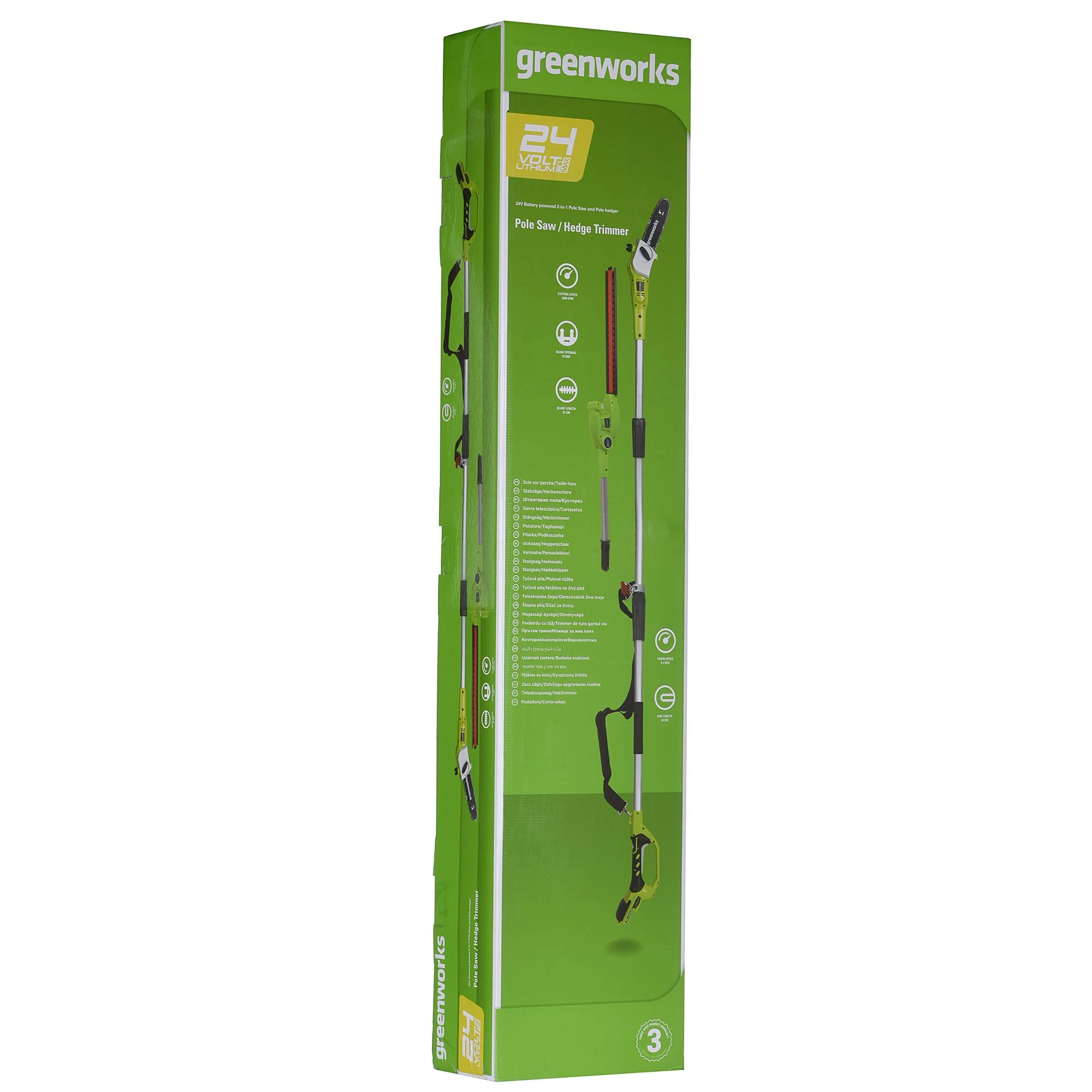 Greenworks G24PSH Aukštapjovės ir gyvatvorių genėtuvo komplektas 24V (tik įrankis)