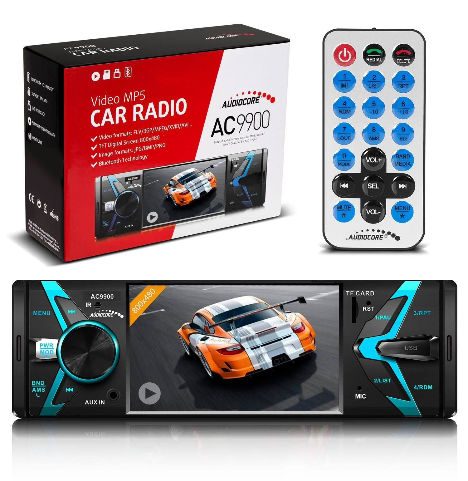 Automagnetola Nešiojamas stereofoninis automobilis AUDIOCORE AC9900 (USB, USB + AUX, USB + AUX + SD kortelės)