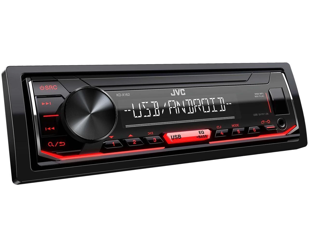 JVC KD-X162 automobilinis grotuvas su raudonu apšvietimu
