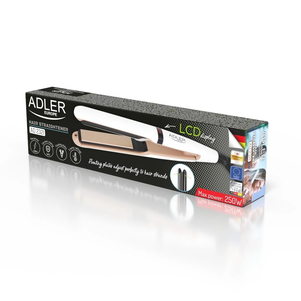 Adler | Plaukų tiesintuvas | AD 2321 | Garantija 24 mėn. | Ceramic heating system | Ekranas LCD | Temperature (min) 140 °C | Temperature (max) 220 °C | 45 W | Pearl Baltas