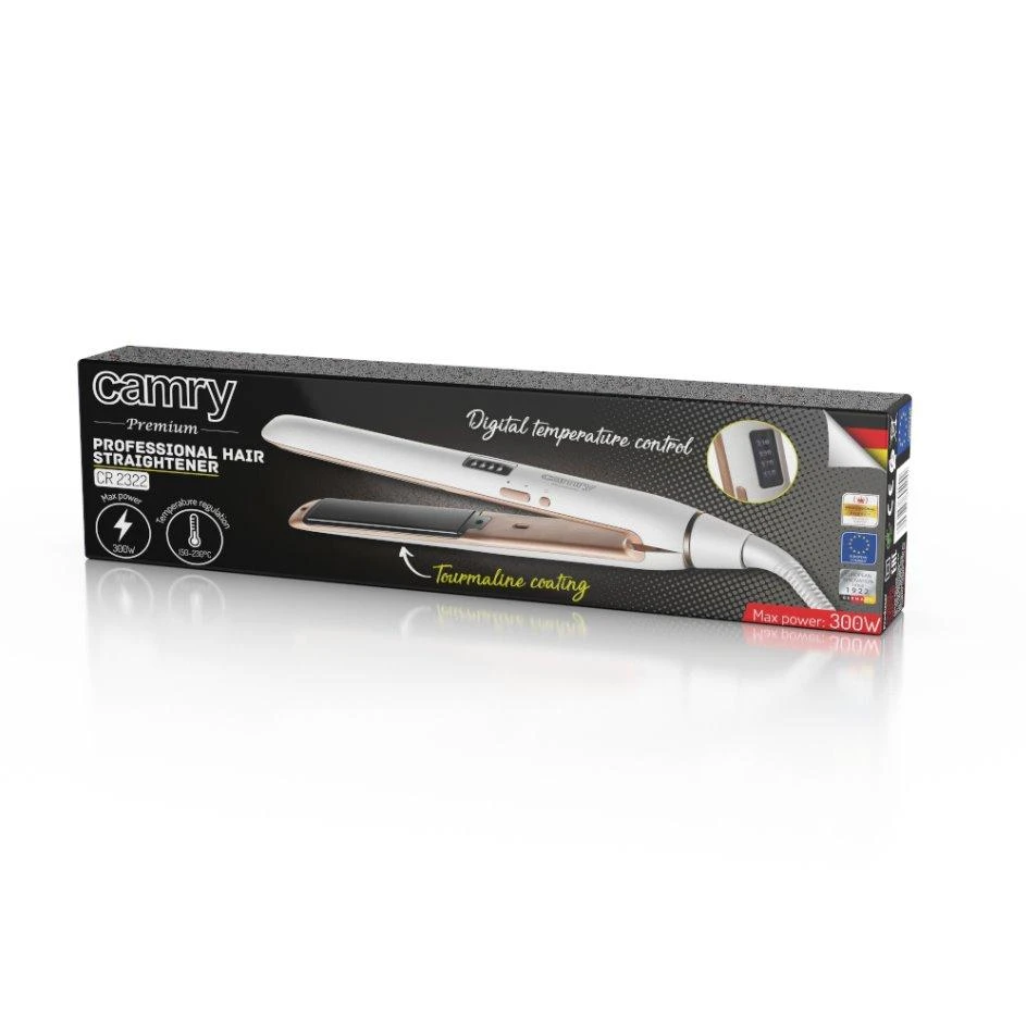 Camry | Professional Plaukų tiesintuvas | CR 2322 | Garantija 24 mėn. | Ceramic heating system | Temperature (min) 150 °C | Temperature (max) 230 °C | 50 W | Baltas