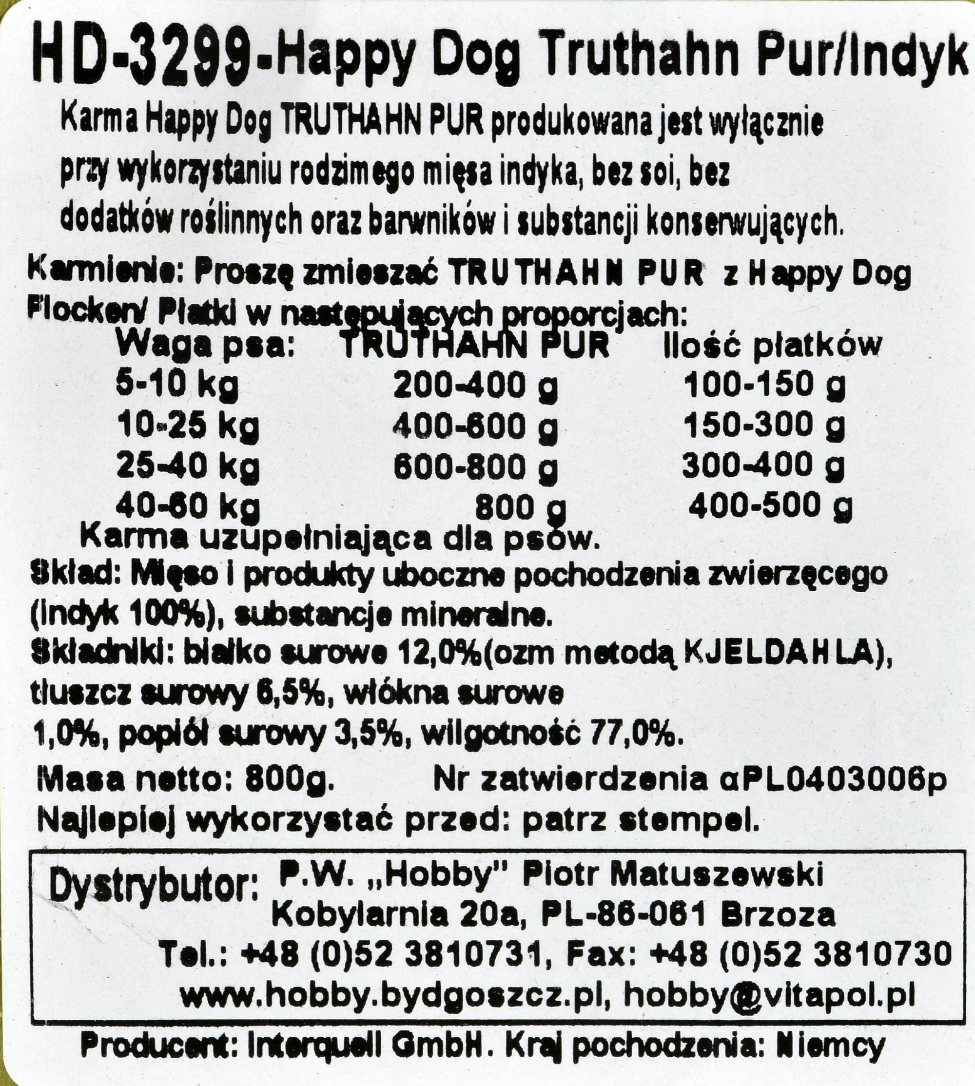 Happy Dog 100% Turkey Pure 800g