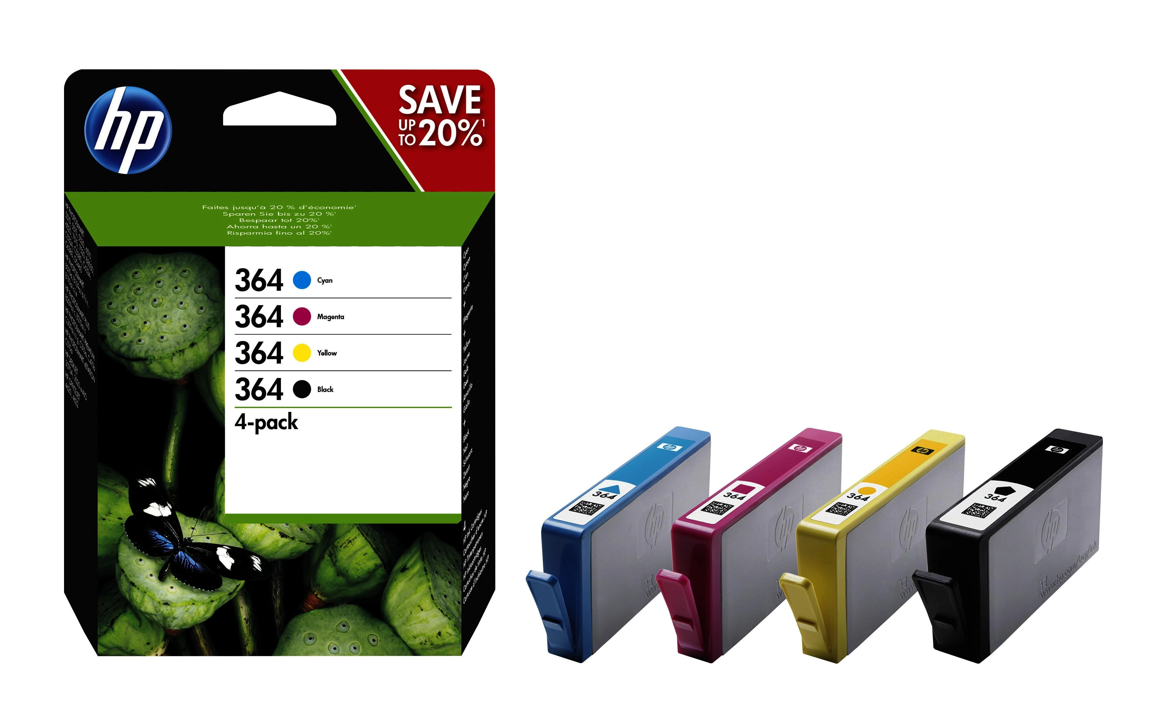 Hewlett Packard (HP) HP 364 Combo 4-Pack Juodas/Cyan/Magenta/Geltona rašalo kasetės, 250/300 puslapių, HP B8550, C5380, D5460