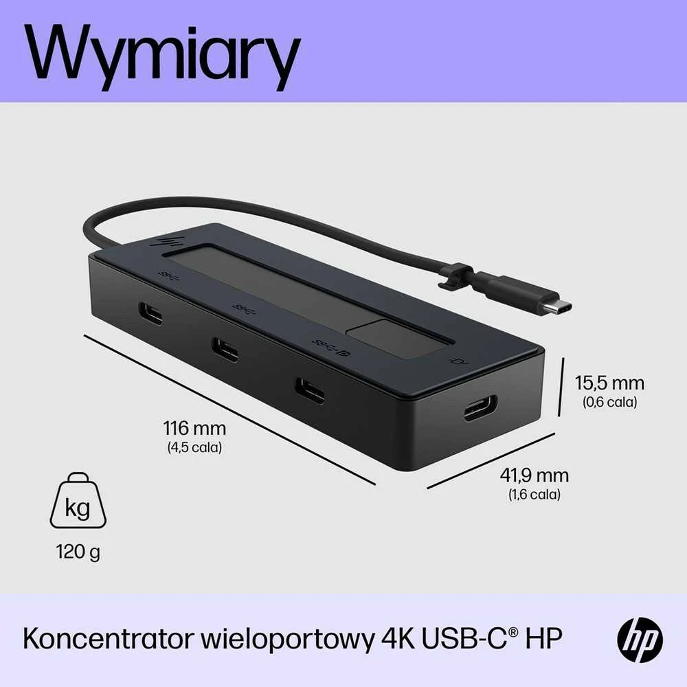 HP USB-C šakotuvas su matmenų schema