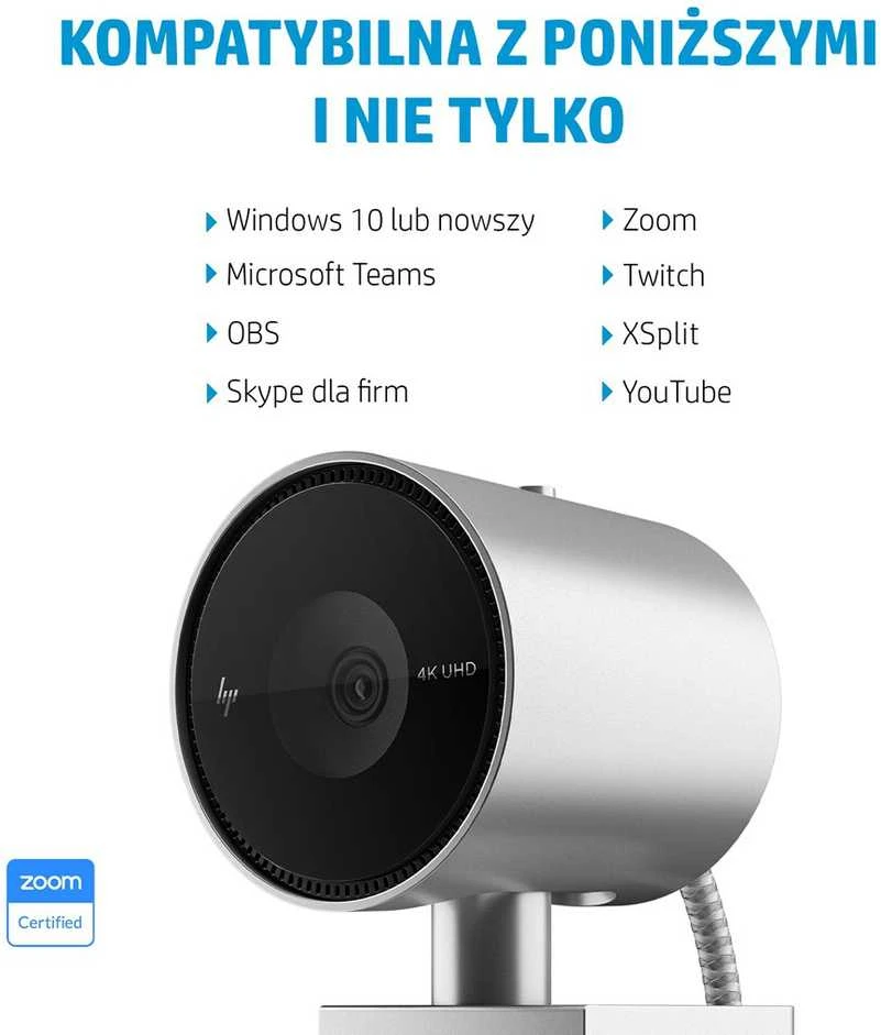 Hewlett Packard (HP) HP 950 4K UHD žiniatinklio kamera / USB / privatumas / automatinis fokusavimas, AI automatinis kadravimas / mikrofonas / Sidabrinis / 1 metai