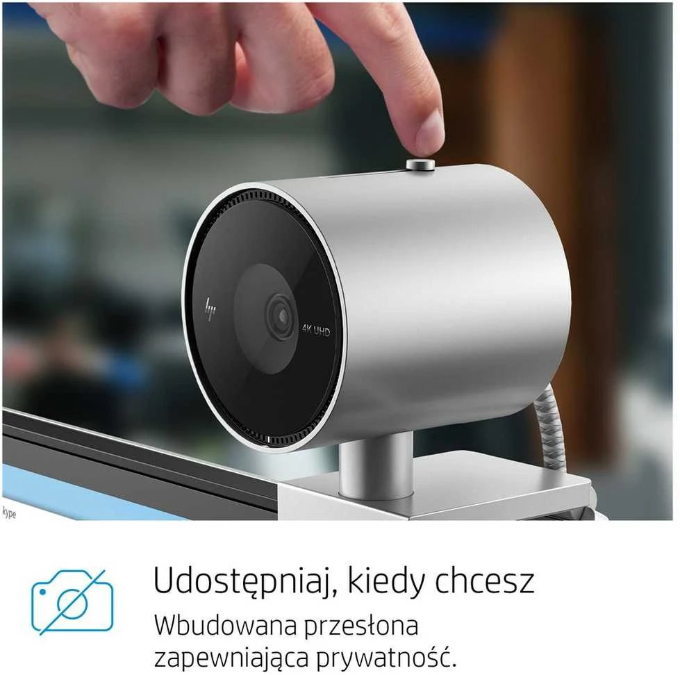 Hewlett Packard (HP) HP 950 4K UHD žiniatinklio kamera / USB / privatumas / automatinis fokusavimas, AI automatinis kadravimas / mikrofonas / Sidabrinis / 1 metai