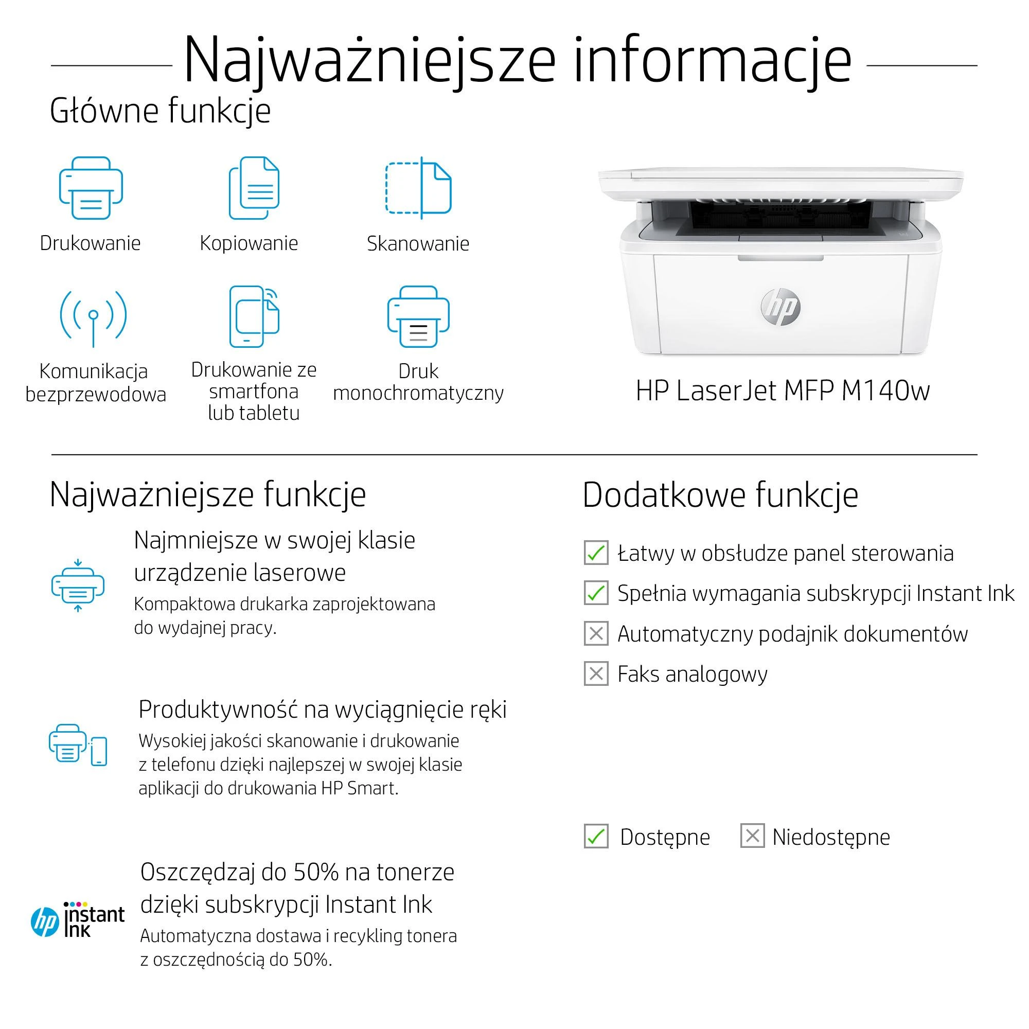 Daugiafunkcis lazerinis spausdintuvas HP LaserJet MFP M140w, spausdinimas / kopijavimas / skenavimas, nespalvotas, A4, 20 ppm, USB / Wi-Fi, baltas
