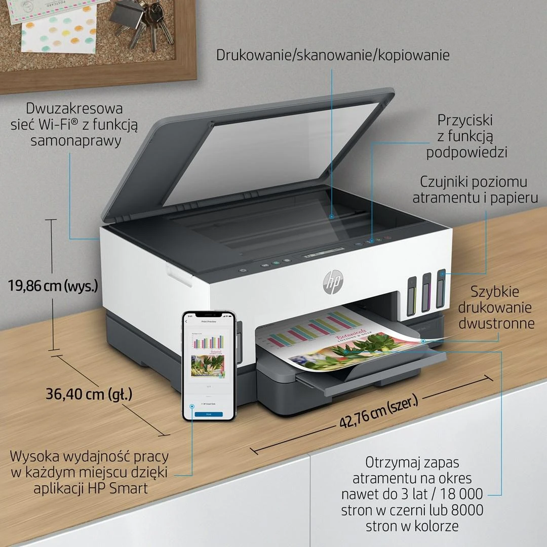 Hewlett Packard (HP) HP Smart Tank 720 AIO daugiafunkcis spausdintuvas Spausdintuvas - A4 spalvotas rašalinis, spausdinimas / kopijavimas / nuskaitymas, automatinis dvipusis spausdinimas, WiFi, 15 psl./min., 400–800 puslapių per mėnesį