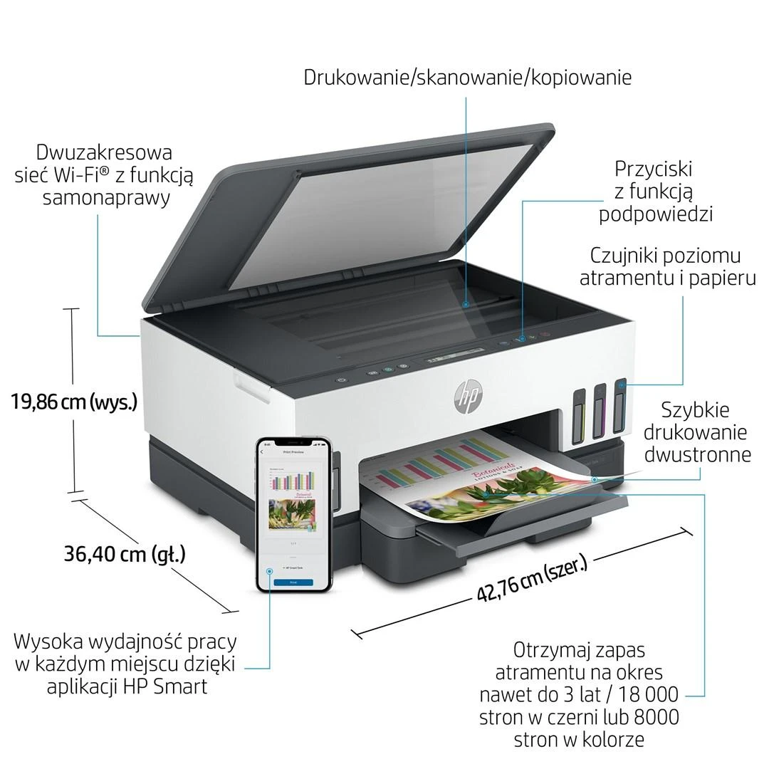 Hewlett Packard (HP) HP Smart Tank 720 AIO daugiafunkcis spausdintuvas Spausdintuvas - A4 spalvotas rašalinis, spausdinimas / kopijavimas / nuskaitymas, automatinis dvipusis spausdinimas, WiFi, 15 psl./min., 400–800 puslapių per mėnesį