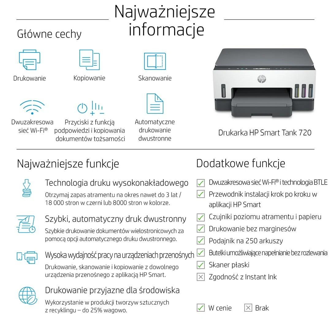 Hewlett Packard (HP) HP Smart Tank 720 AIO daugiafunkcis spausdintuvas Spausdintuvas - A4 spalvotas rašalinis, spausdinimas / kopijavimas / nuskaitymas, automatinis dvipusis spausdinimas, WiFi, 15 psl./min., 400–800 puslapių per mėnesį