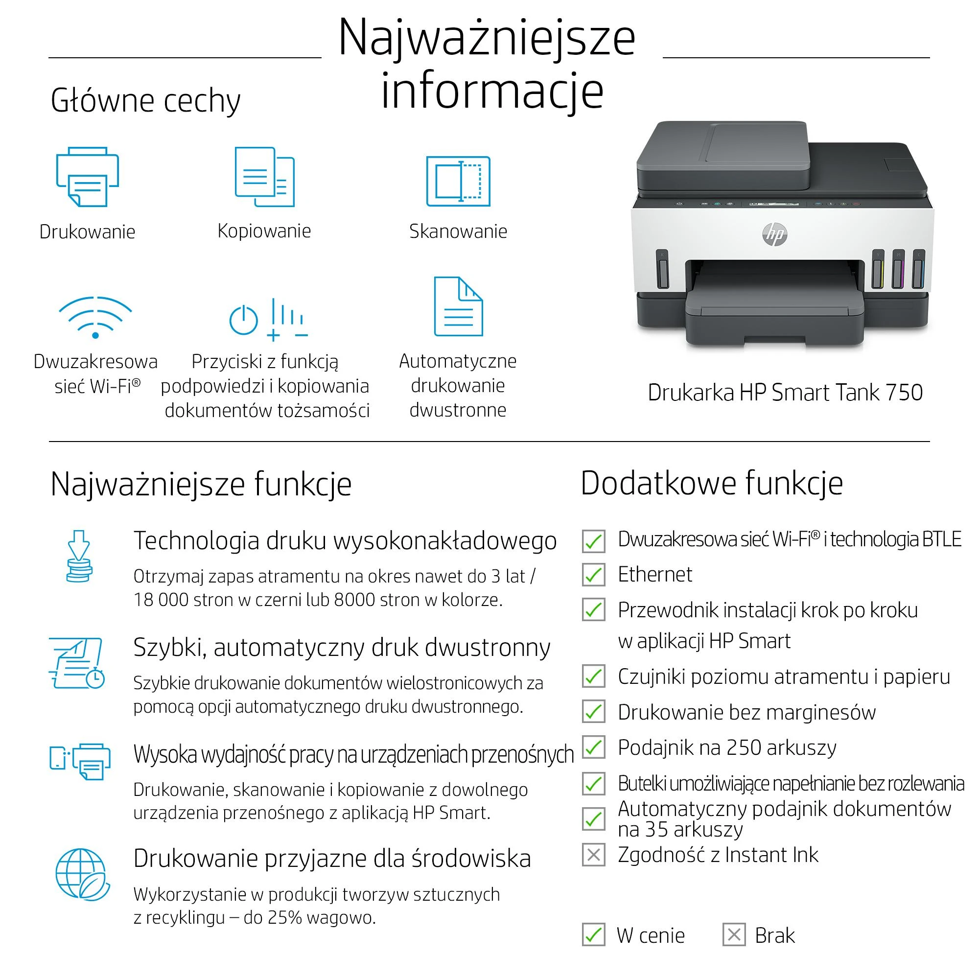 Hewlett Packard (HP) HP Smart Tank 750 AIO daugiafunkcis spausdintuvas Spausdintuvas - A4 spalvotas rašalinis, spausdinimas / kopijavimas / nuskaitymas, automatinis dvipusis spausdinimas, WiFi, 15 psl./min., 400–800 puslapių per mėnesį