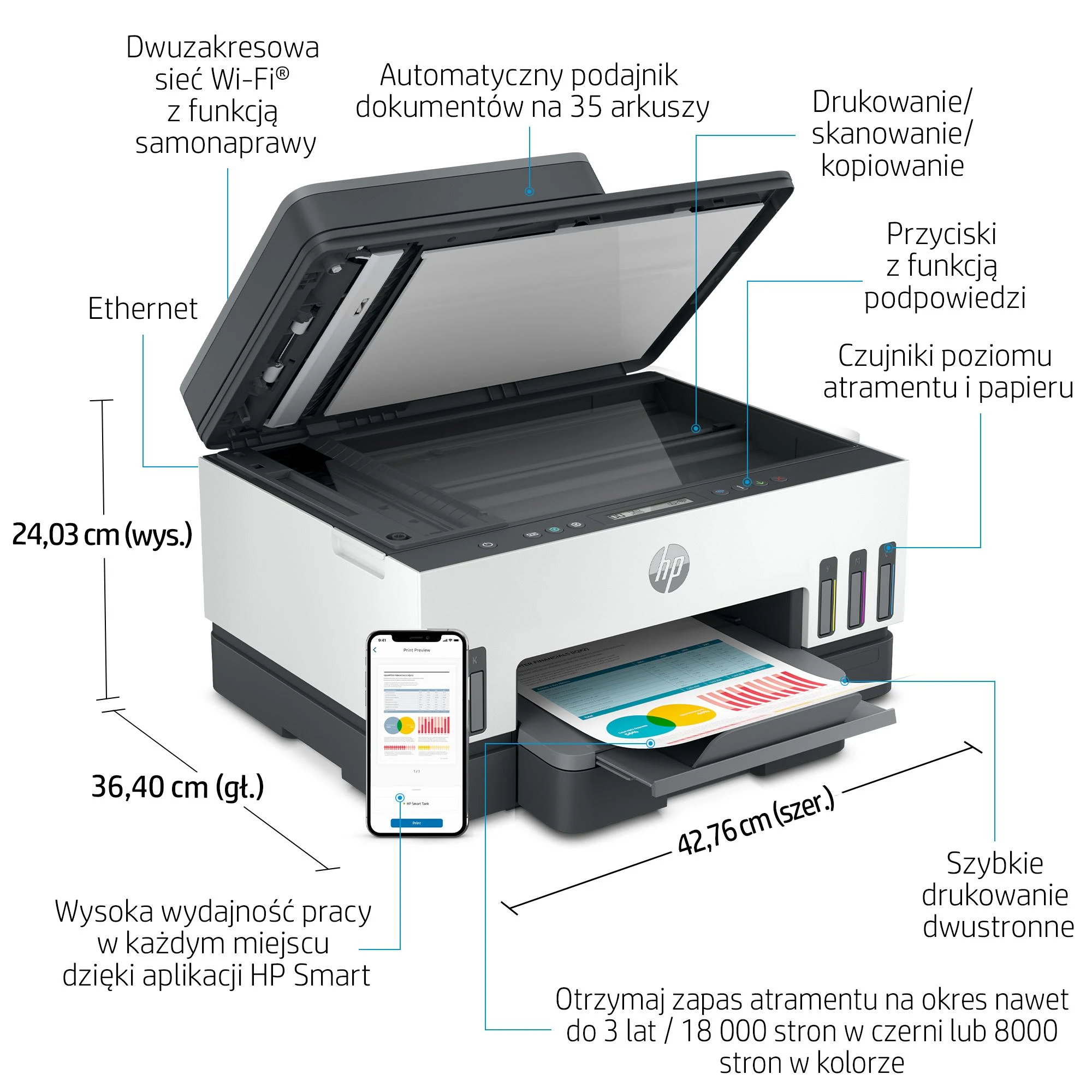 Hewlett Packard (HP) HP Smart Tank 750 AIO daugiafunkcis spausdintuvas Spausdintuvas - A4 spalvotas rašalinis, spausdinimas / kopijavimas / nuskaitymas, automatinis dvipusis spausdinimas, WiFi, 15 psl./min., 400–800 puslapių per mėnesį