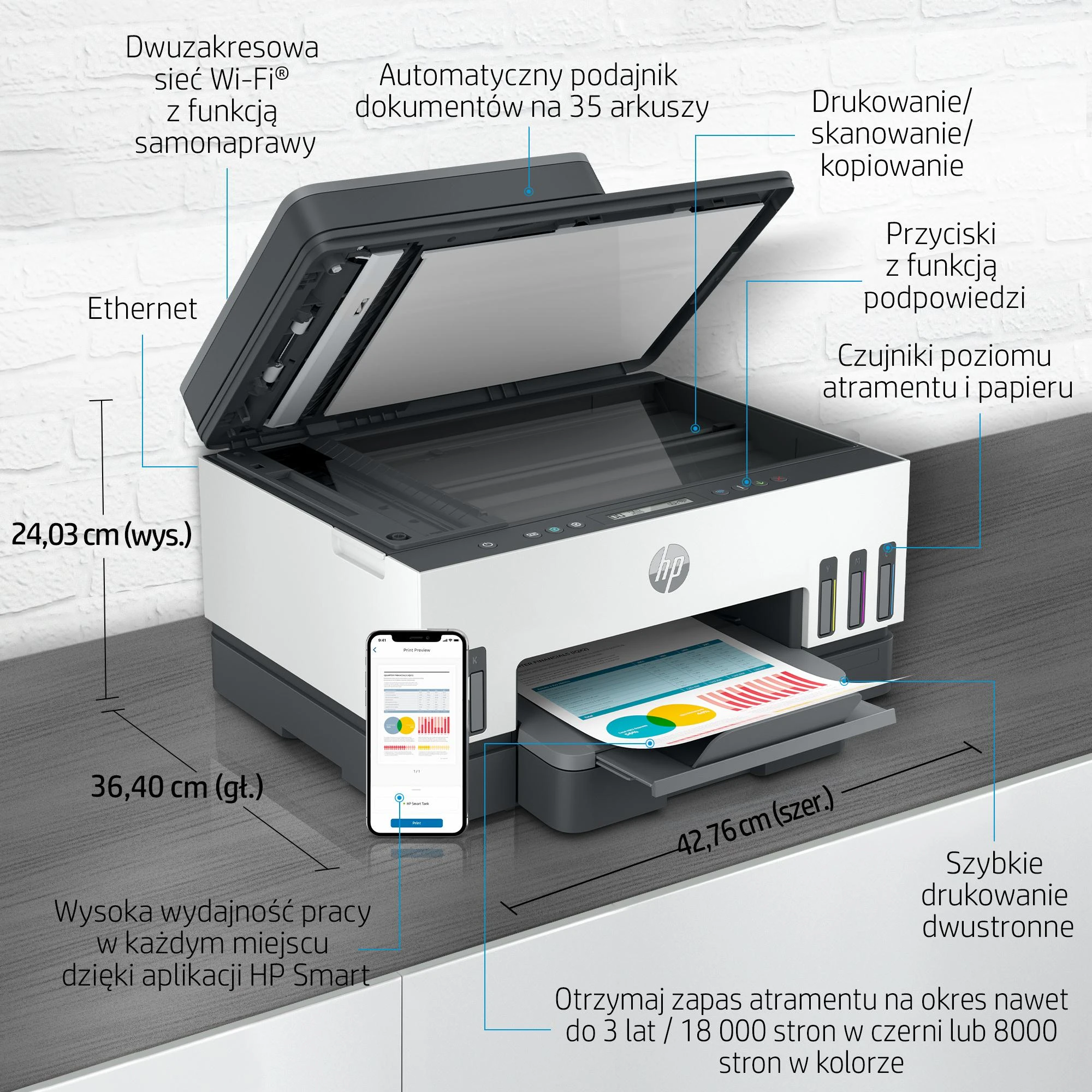Hewlett Packard (HP) HP Smart Tank 750 AIO daugiafunkcis spausdintuvas Spausdintuvas - A4 spalvotas rašalinis, spausdinimas / kopijavimas / nuskaitymas, automatinis dvipusis spausdinimas, WiFi, 15 psl./min., 400–800 puslapių per mėnesį