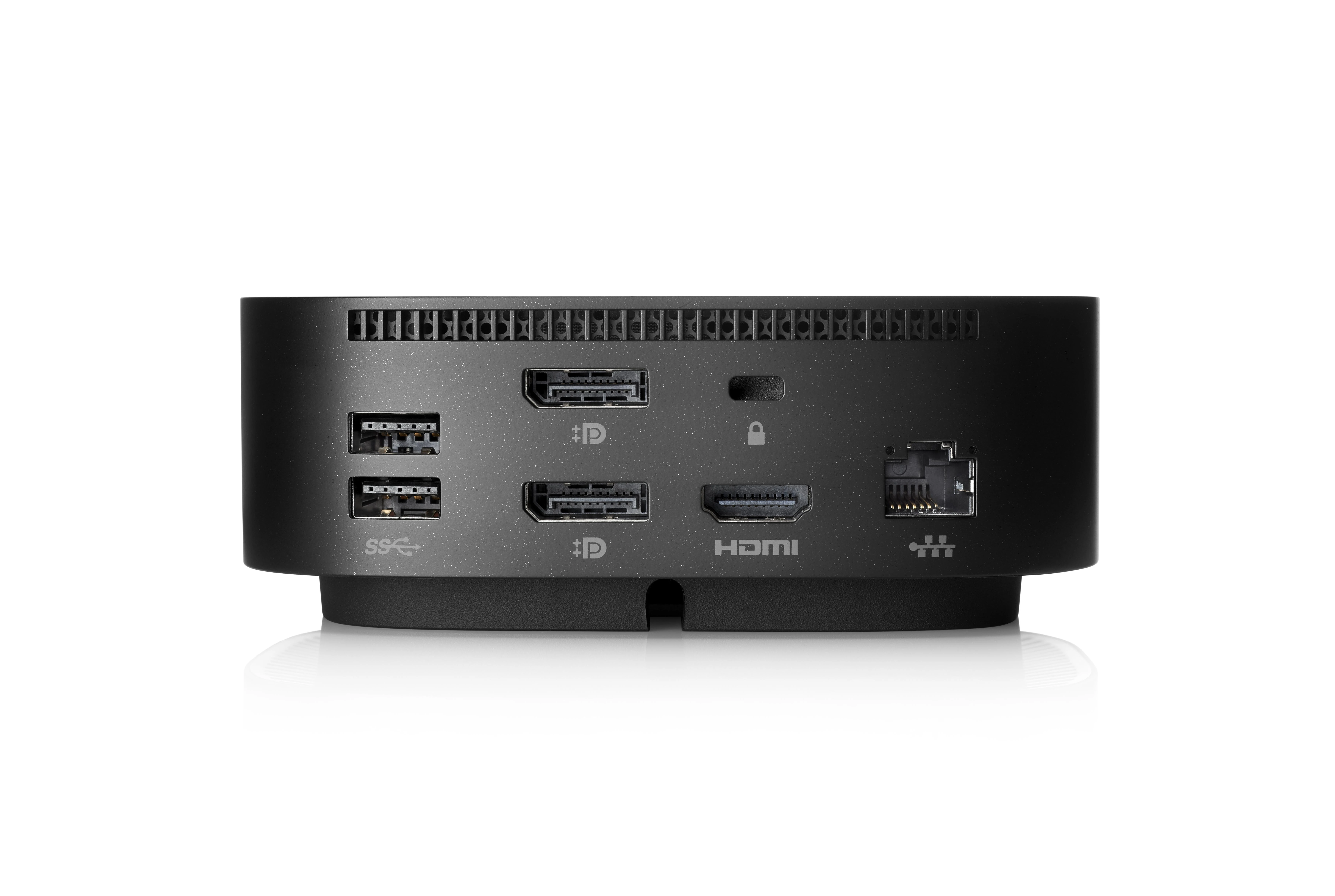 Hewlett Packard (HP) HP USB-C dokas G5 120 W – 4 x USB 3.0, 1 x USB-C (15 W), 2 x DisplayPort 1.4, 1 x HDMI 2.0, 1 x RJ-45, 1 x kombinuotas garso lizdas
