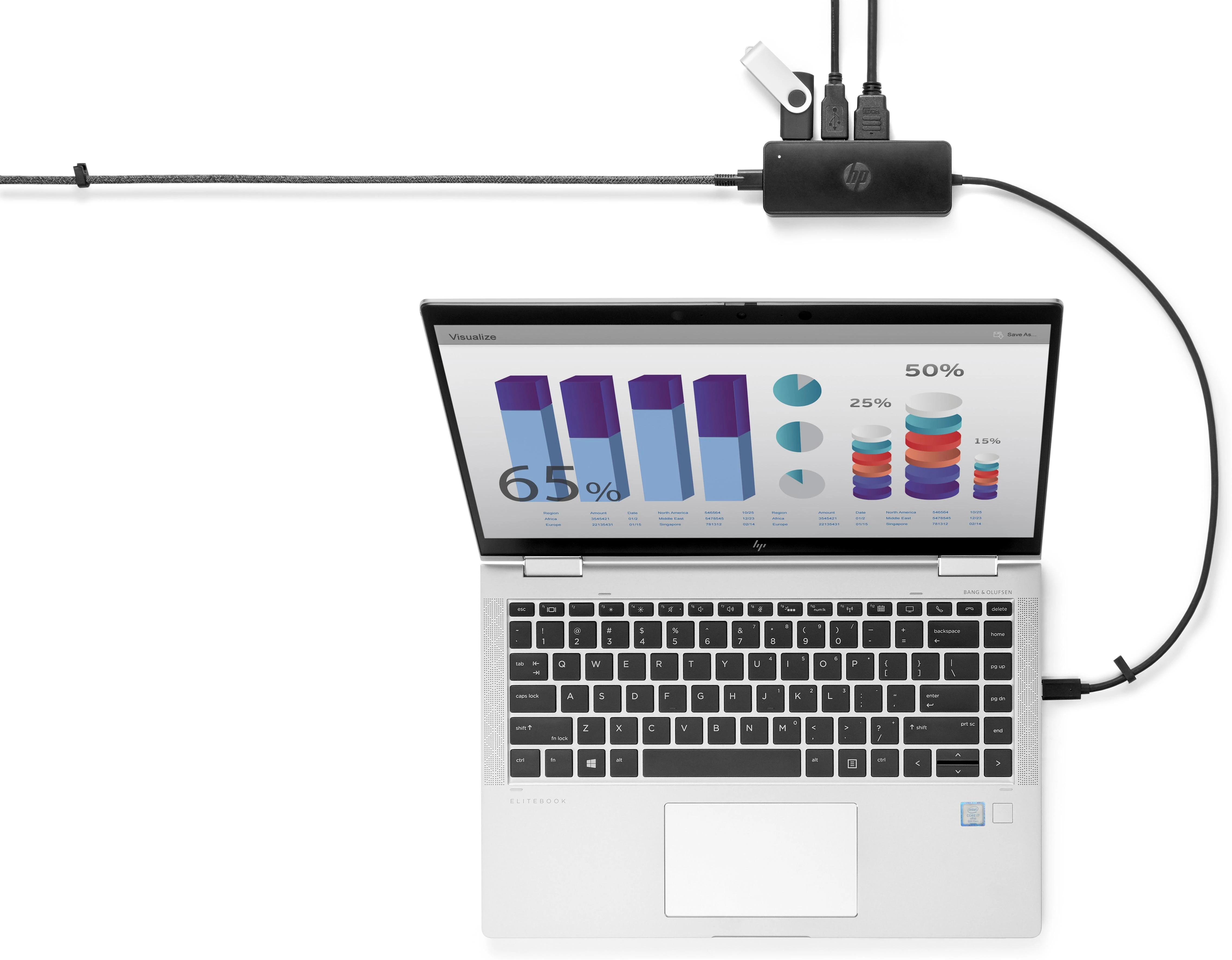 HP USB-C Travel Hub G2 prijungtas prie kompiuterio