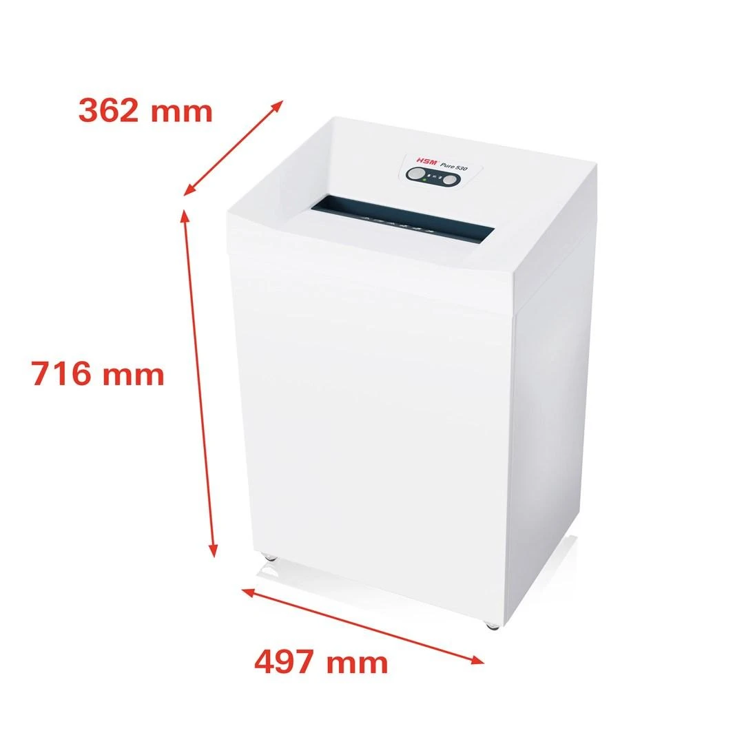 HSM Pure 530 dokumentų naikiklis su matmenimis