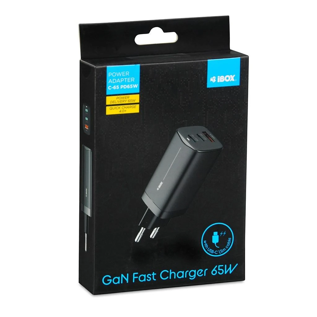 IBOX C-65 PD65W UNIVERSAL CHARGER GaN USB-C CABLE Juodas
