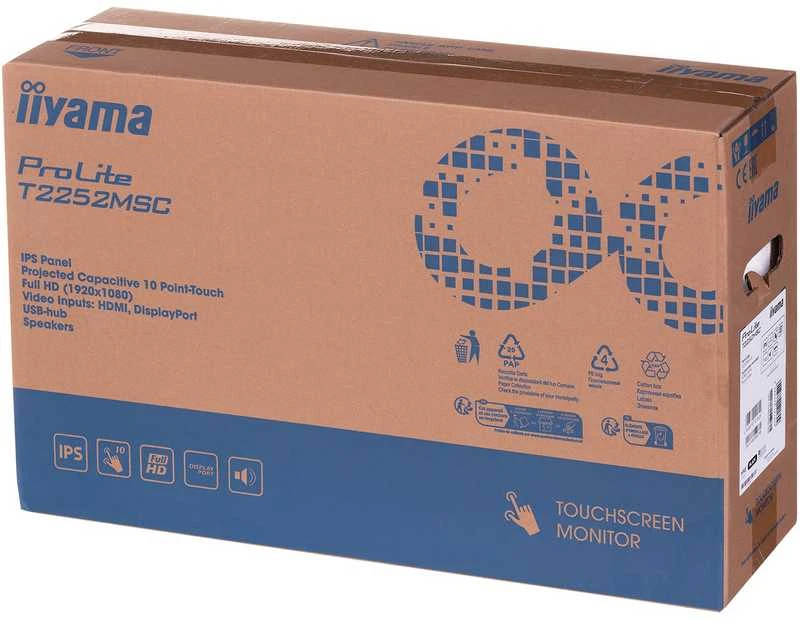 Iiyama 21,5 colių PCAP 10pt jutiklinio ekrano monitorius su IPS skydelio technologija, nuo krašto iki krašto stiklo ir pirštų atspaudų apsaugančia danga