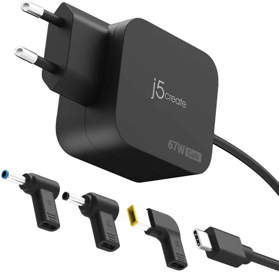 J5create - 67 W GaN PD USB-C mini įkroviklis su 3 tipų nuolatinės srovės jungtimis - ES