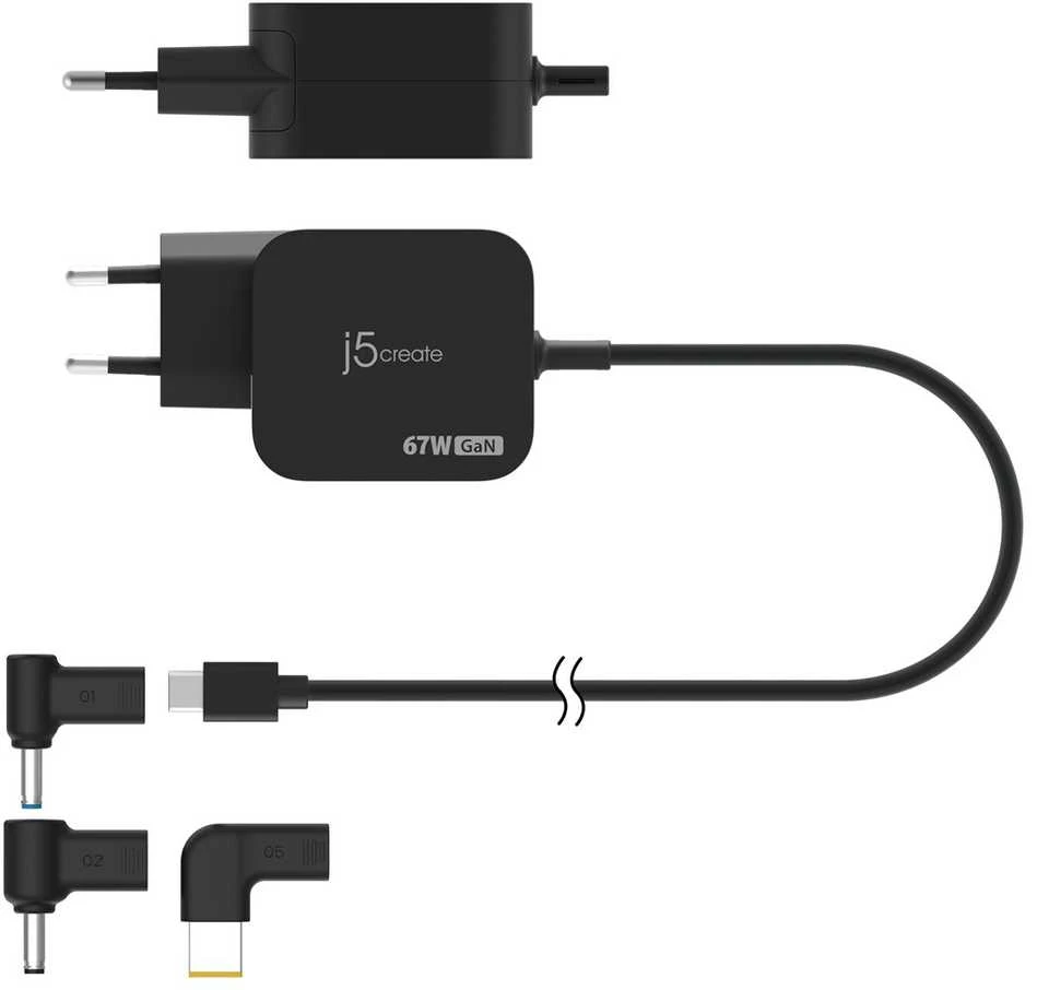 J5create - 67 W GaN PD USB-C mini įkroviklis su 3 tipų nuolatinės srovės jungtimis - ES