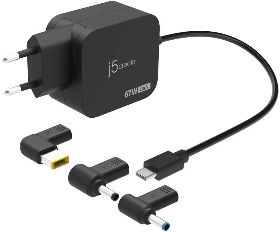 J5create - 67 W GaN PD USB-C mini įkroviklis su 3 tipų nuolatinės srovės jungtimis - ES
