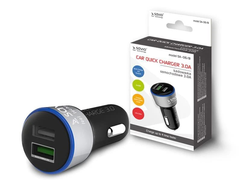 Savio automobilinis greito įkrovimo įkroviklis Savio SA-06/B 3.0A, 2xUSB
