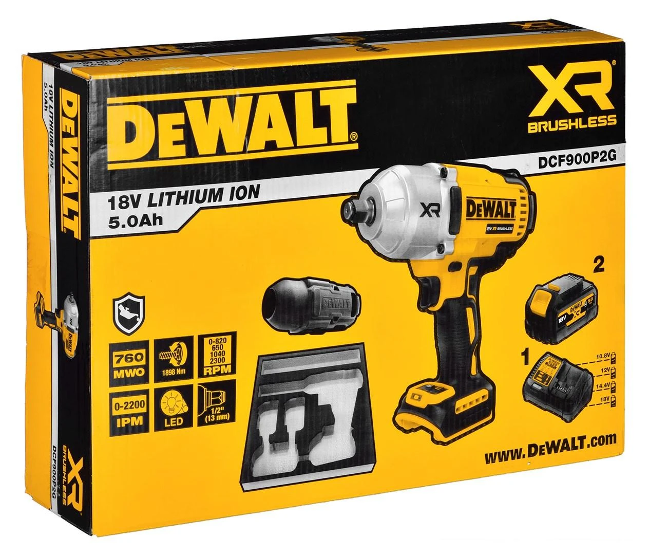 DEWALT Smūginis veržliasukis DCF900P2G 1/2" 18V 1355Nm 2x5,0Ah