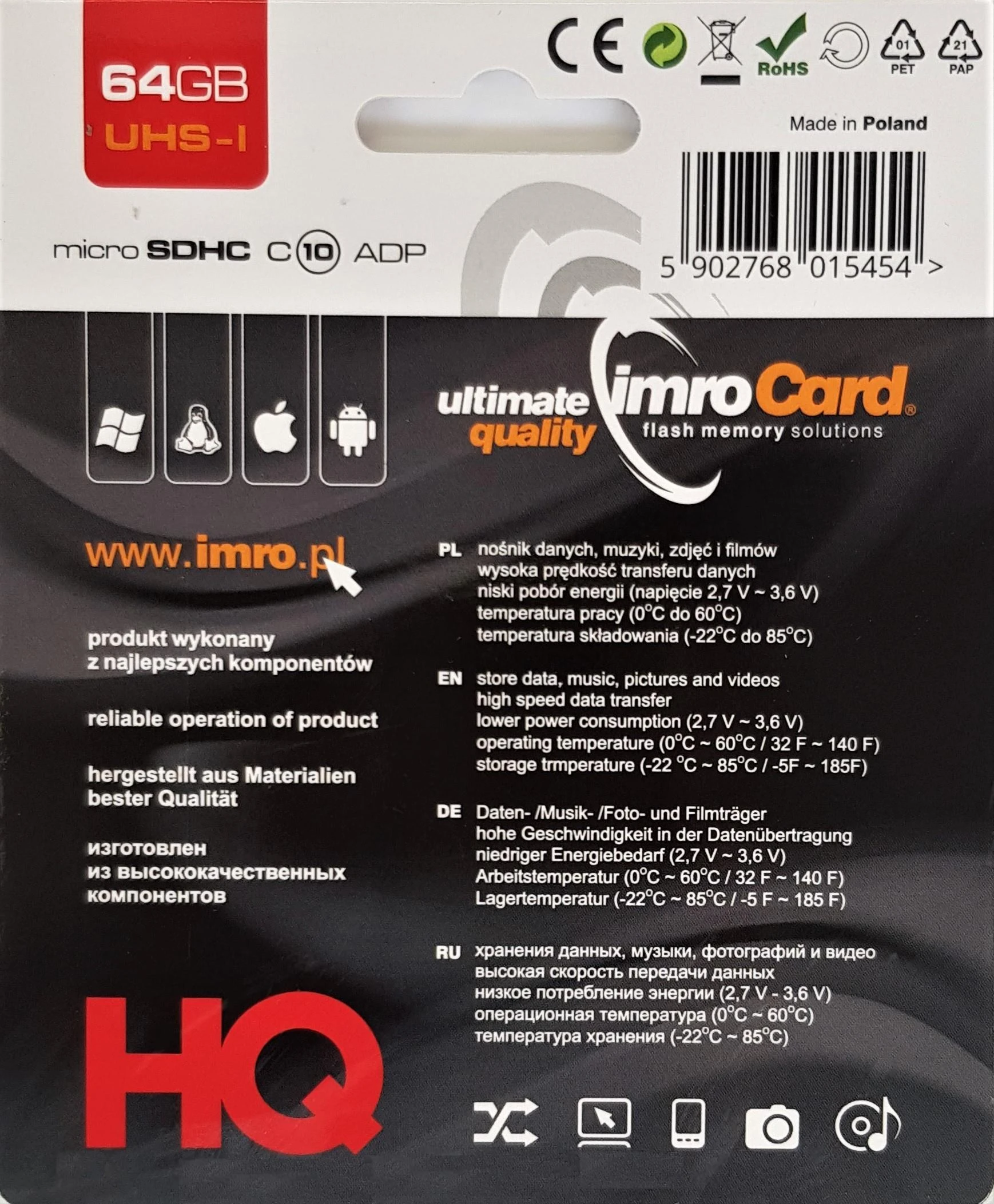 IMRO atminties kortelė Micro SD 64GB 100MB/s class 10 UHS I su adapteriu SD