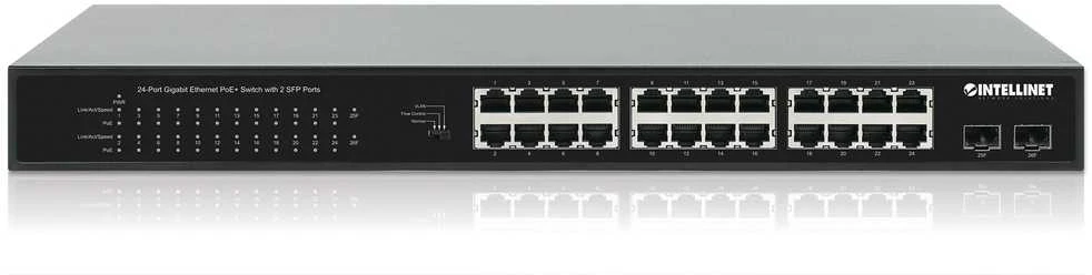 Šakotuvas Intellinet 561891 jungiklis 24x RJ45 Gigabit POE+ 370W, 2x SFP Gigabit, rankinis VLAN