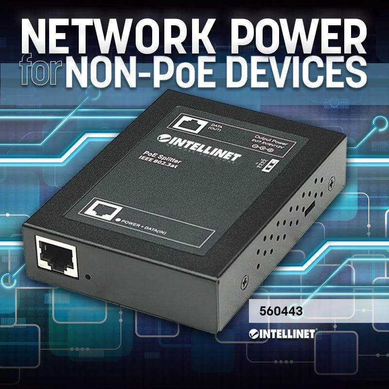Šakotuvas „Intellinet Power over Ethernet“ (PoE+) skirstytuvas, IEEE802.3at, 5, 7,5, 9 arba 12 V nuolatinės srovės išėjimo įtampa