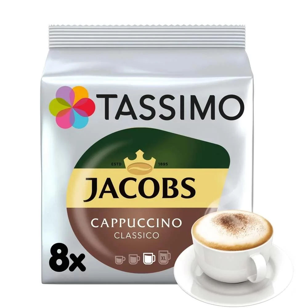 Kavos kapsulės Tassimo Cappuccino Classico (suderinamos su Bosch Tassimo kapsuliniais kavos aparatais), 8+8 vnt.
