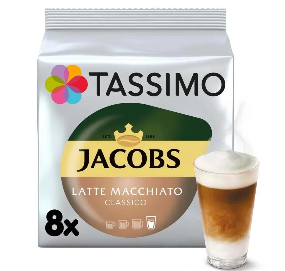 Jacobs Kavos kapsulės Tassimo Latte Macchiato Classico (suderinamos su Bosch Tassimo kapsuliniais kavos aparatais), 8+8 vnt.