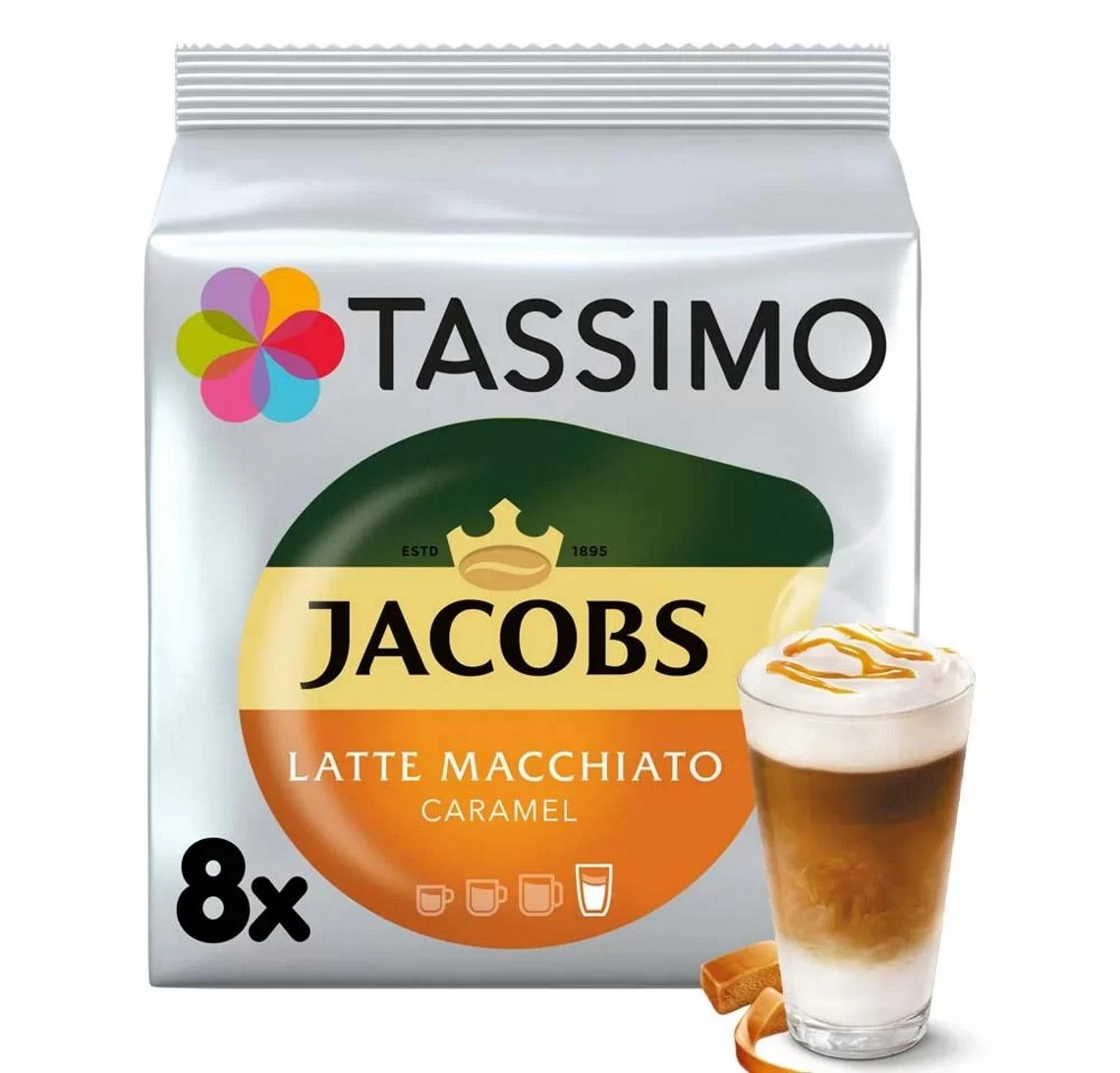 Kavos kapsulės Tassimo Latte Macchiato Caramel (suderinamos su Bosch Tassimo kapsuliniais kavos aparatais), 8+8 vnt.