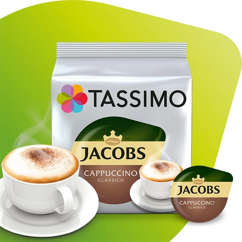 Kavos kapsulės Tassimo Cappuccino Classico (suderinamos su Bosch Tassimo kapsuliniais kavos aparatais), 8+8 vnt.