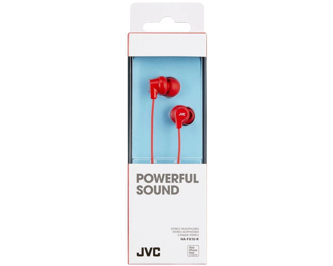 JVC HA-FX10RE raudonos ausinės pakuotėje