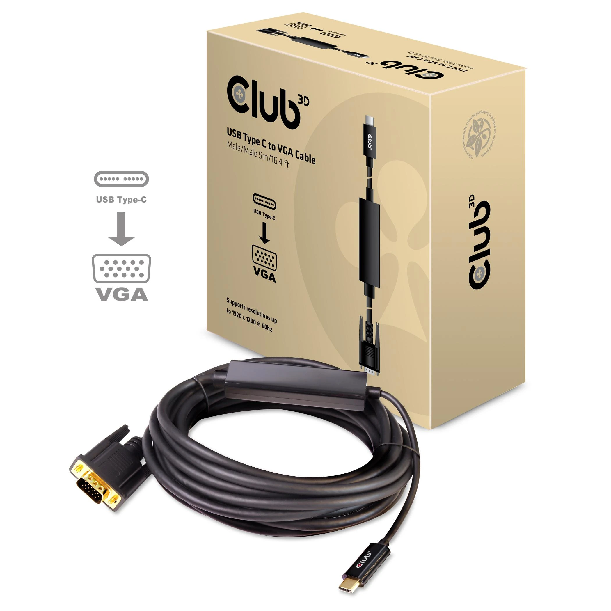 Club 3D USB-C – D-Sub (VGA) USB laidas 5 m juodas (CAC-1512)