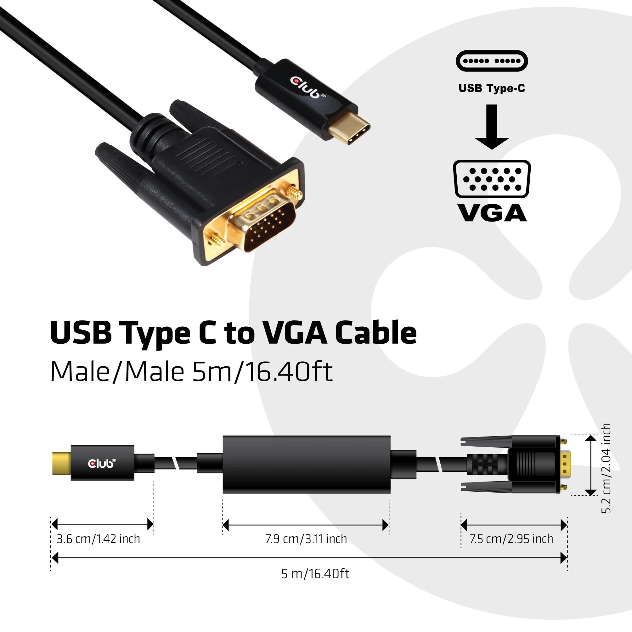 Club 3D USB-C – D-Sub (VGA) USB laidas 5 m juodas (CAC-1512)