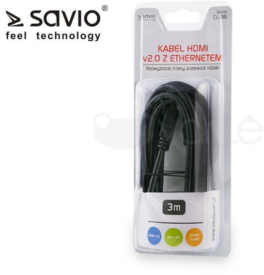 Savio Kabelis HDMI (M) v2.0, 3m, miedź, juoda, auksinė antgaliai, ethernet/3D, CL-96