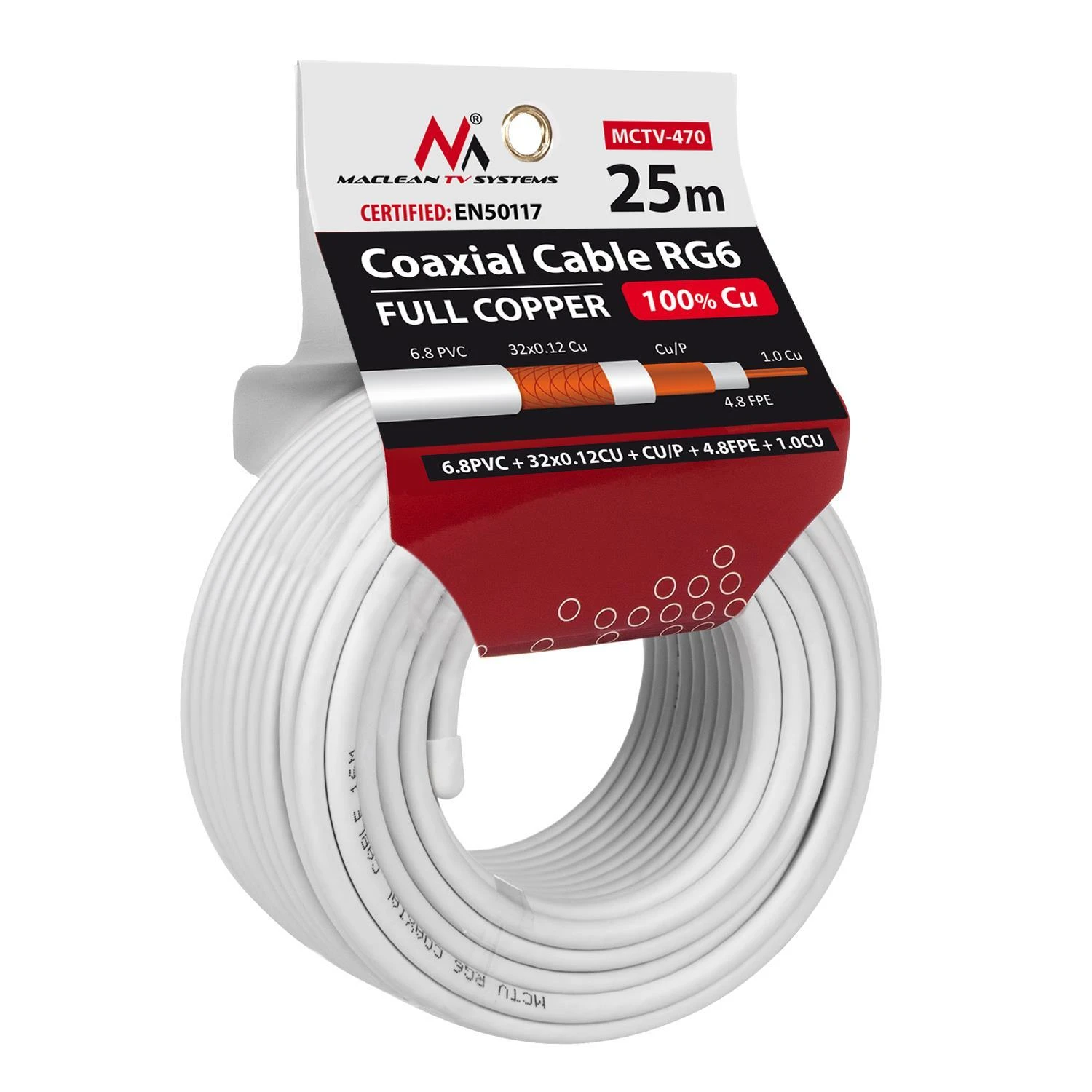 MACLEAN MCTV-470 Maclean MCTV-470 kabelis, vėliavėlės kabelis RG6 25M 1.02CU+4.8FPE+CU/P+32*0.12CU+6.8PVC