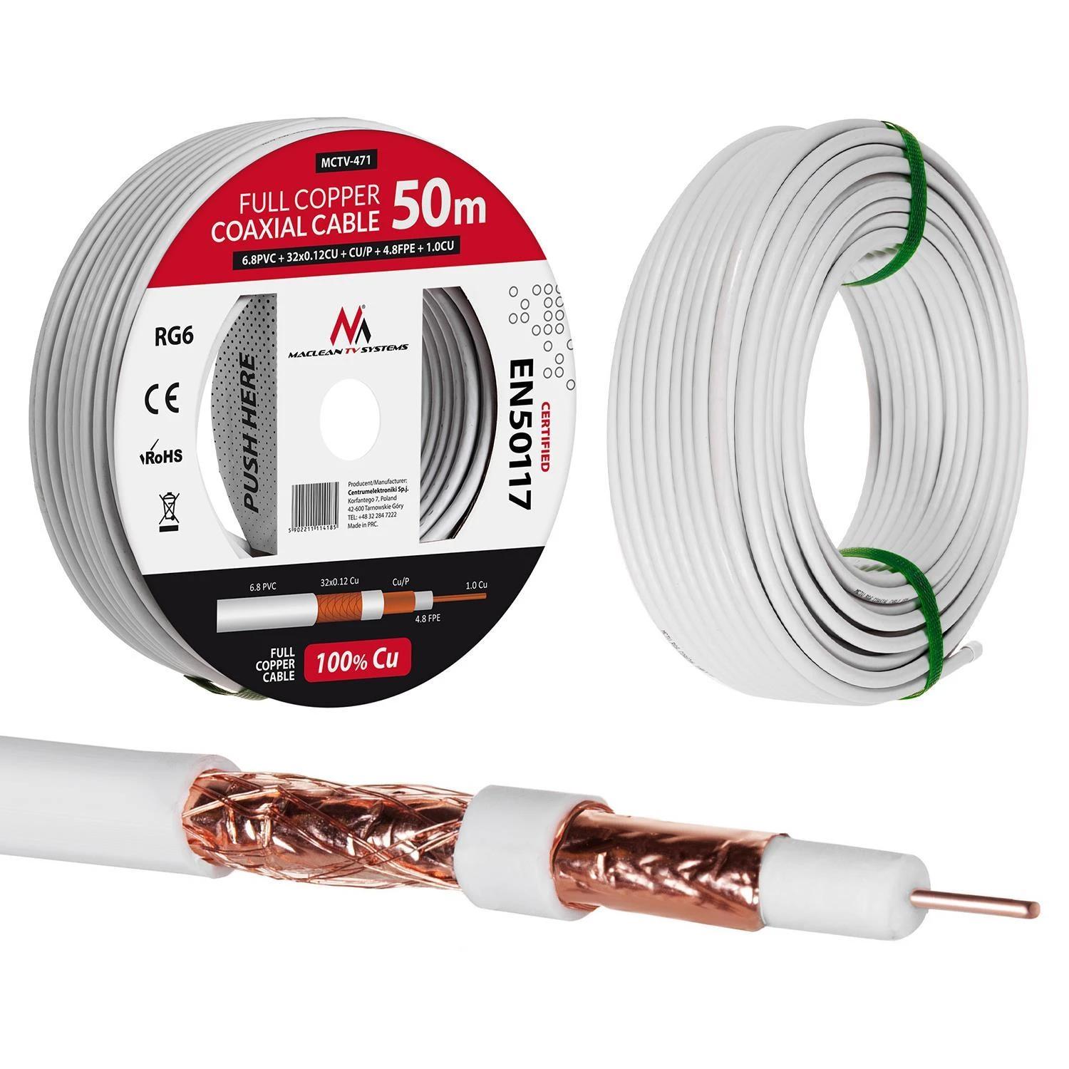 MACLEAN MCTV-471 Maclean MCTV-471 Kabelis bendraašis kabelis RG6 50M 1.02CU+4.8FPE+CU/P+32*0.12CU+6.8PVC