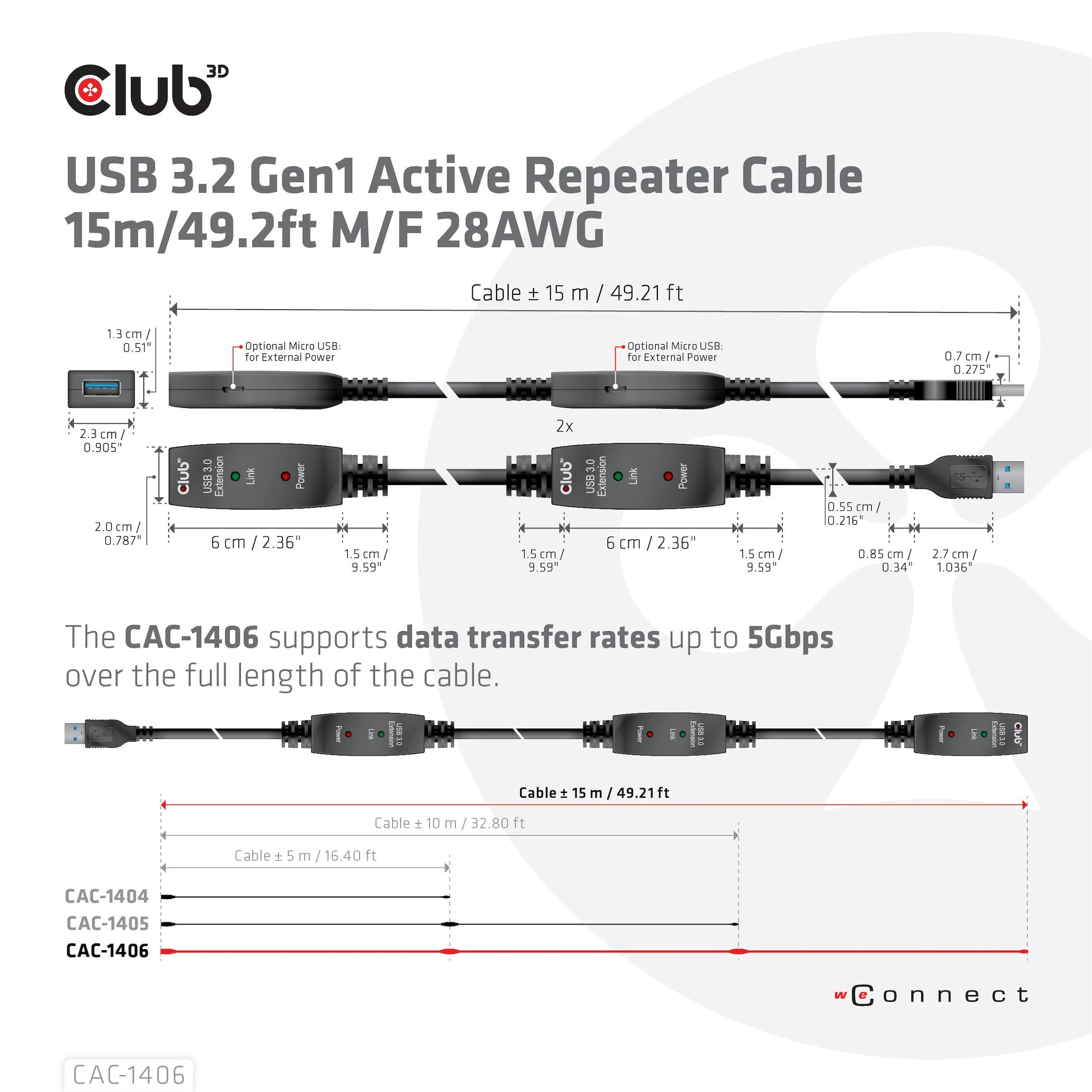 Goobay CLUB 3D CAC-1406 USB 3.2 Gen1 aktyvaus kartotuvo kabelis 15m M/F 28AWG