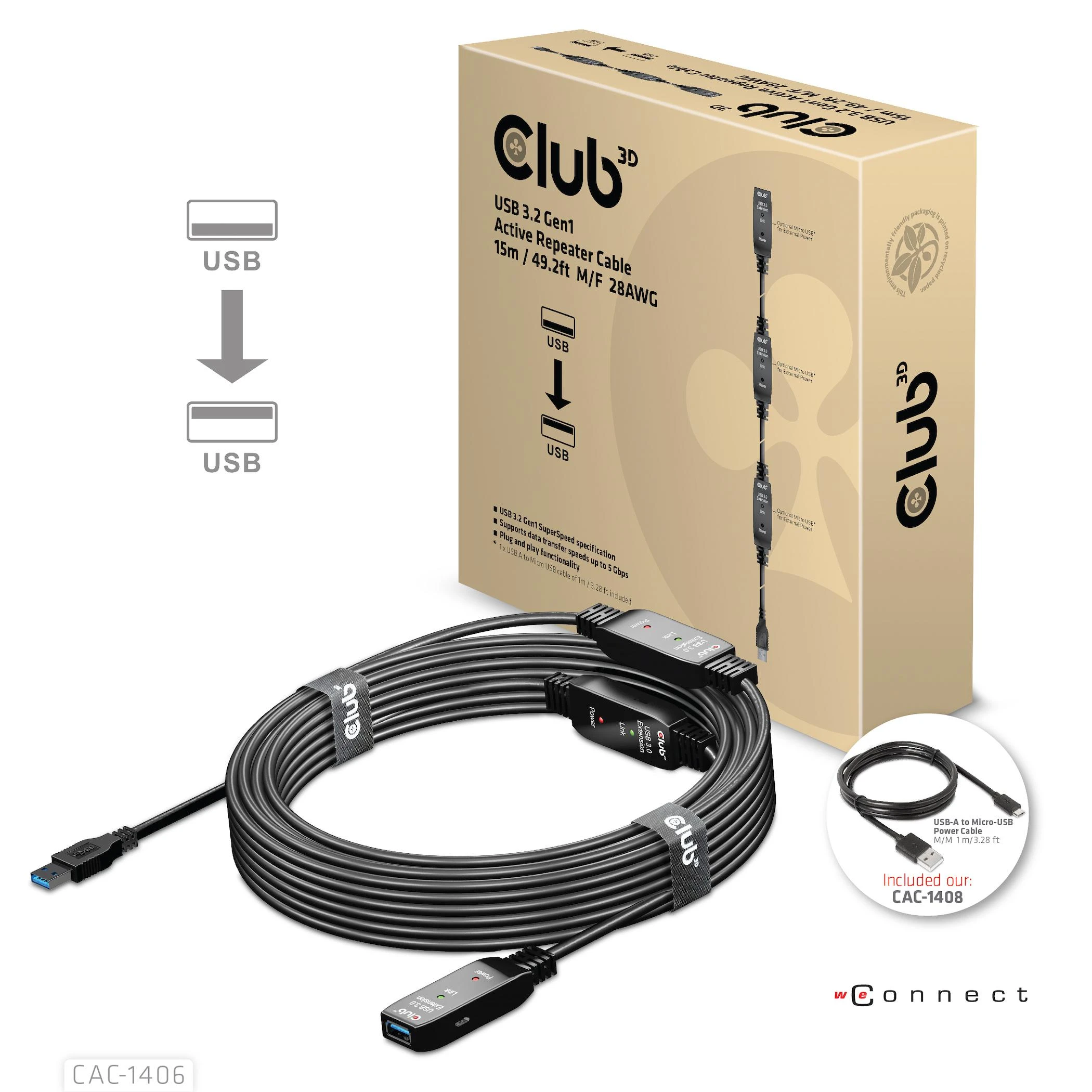 Goobay CLUB 3D CAC-1406 USB 3.2 Gen1 aktyvaus kartotuvo kabelis 15m M/F 28AWG