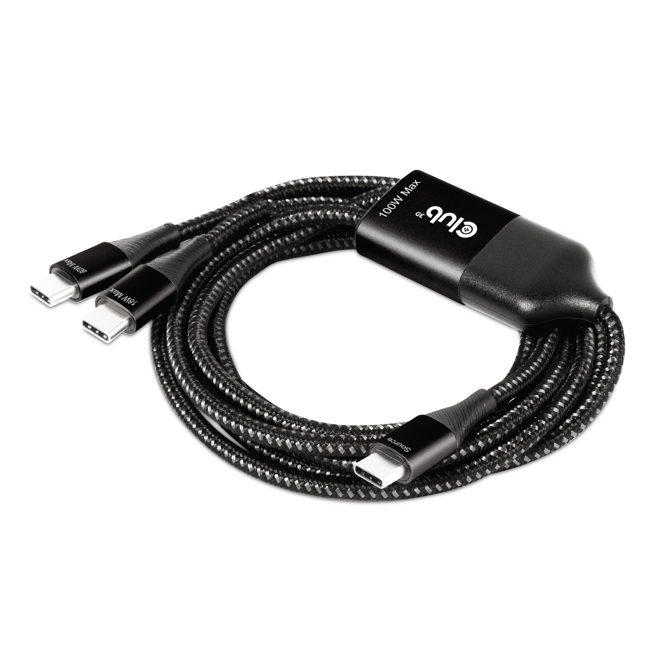 CLUB 3D CAC-1527 USB Type-C, Y įkrovimo laidas su 2x USB Type-C max. 100W, 1,83m